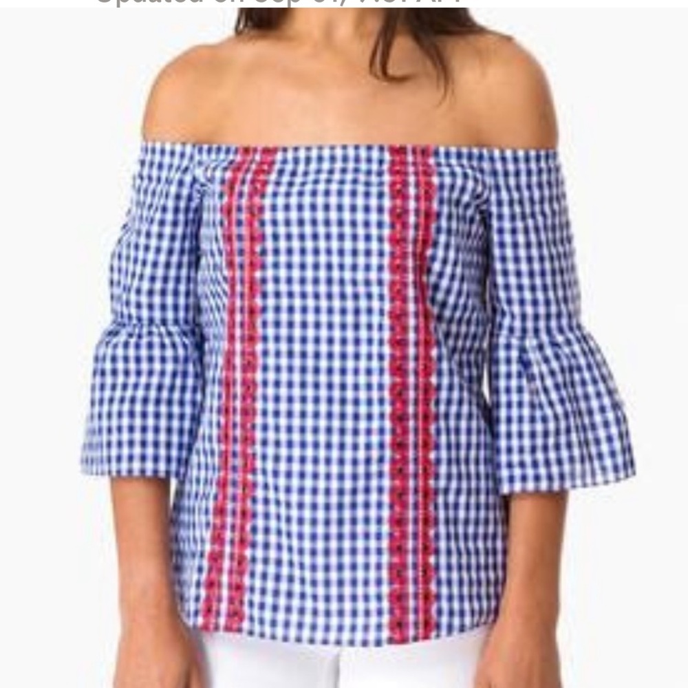 NWT English Factory Blue Gingham Embroidered Top.  Size Medium